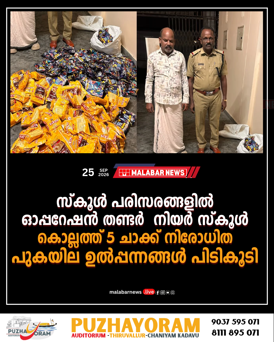 സ്കൂൾ പരിസരങ്ങളിൽ ‘ഓപ്പറേഷൻ തണ്ടർ – നിയർ സ്കൂൾ’: കൊല്ലത്ത് 5 ചാക്ക് നിരോധിത പുകയില ഉൽപ്പന്നങ്ങൾ പിടികൂടി