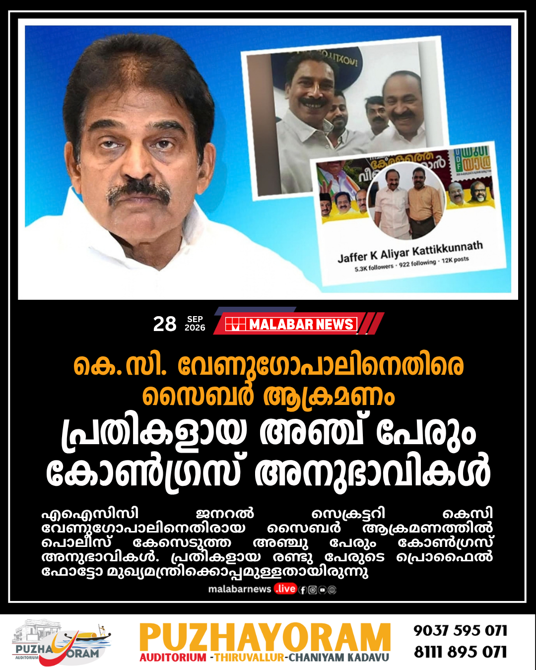 കെ.സി. വേണു​ഗോപാലിനെതിരെ സൈബർ ആക്രമണം, പ്രതികളായ അഞ്ച് പേരും കോൺ​ഗ്രസ് അനുഭാവികൾ