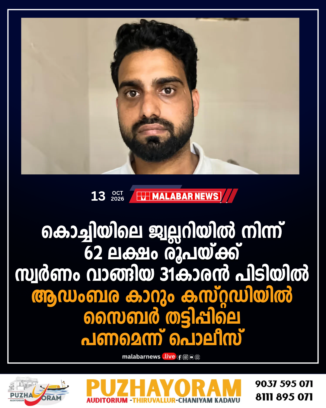കൊച്ചിയിലെ ജ്വല്ലറിയിൽ നിന്ന് 62 ലക്ഷം രൂപയ്ക്ക് സ്വർണം വാങ്ങിയ 31-കാരൻ പിടിയിൽ, ആഡംബര കാറും കസ്റ്റഡിയിൽ; സൈബർ തട്ടിപ്പിലെ പണമെന്ന് പൊലീസ്