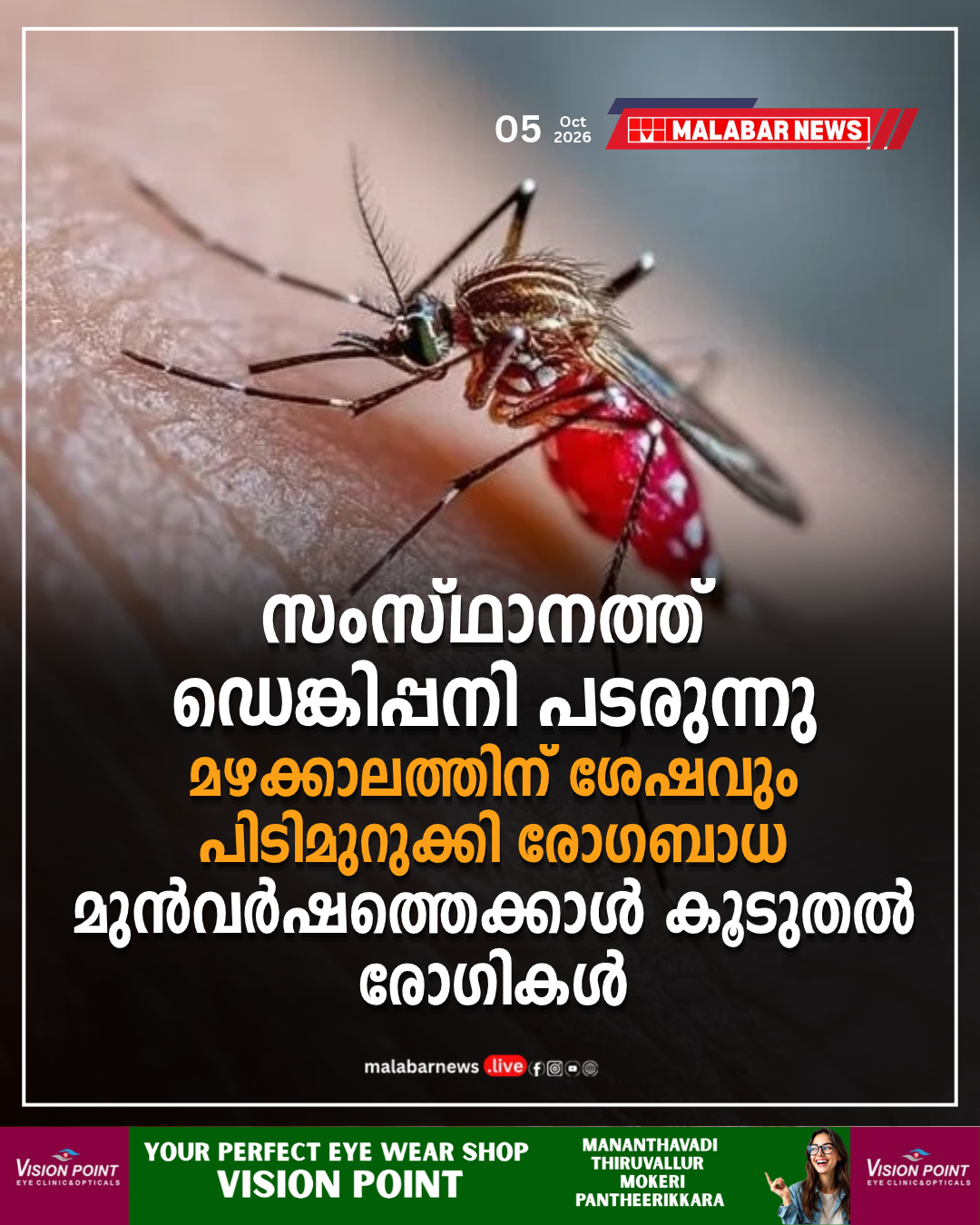 സംസ്ഥാനത്ത് ഡെങ്കിപ്പനി പടരുന്നു: മഴക്കാലത്തിന് ശേഷവും പിടിമുറുക്കി രോഗബാധ; മുൻവർഷത്തെക്കാൾ കൂടുതൽ രോഗികൾ