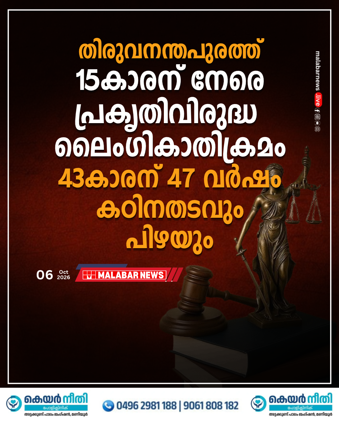 തിരുവനന്തപുരത്ത് 15-കാരന് നേരെ പ്രകൃതിവിരുദ്ധ ലൈംഗികാതിക്രമം: 43-കാരന് 47 വർഷം കഠിനതടവും പിഴയും