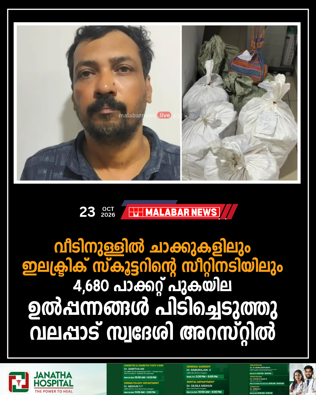 വീടിനുള്ളിൽ ചാക്കുകളിലും ഇലക്ട്രിക് സ്കൂട്ടറിന്റെ സീറ്റിനടിയിലും, 4,680 പാക്കറ്റ് പുകയില ഉൽപ്പന്നങ്ങൾ പിടിച്ചെടുത്തു, വലപ്പാട് സ്വദേശി അറസ്റ്റിൽ
